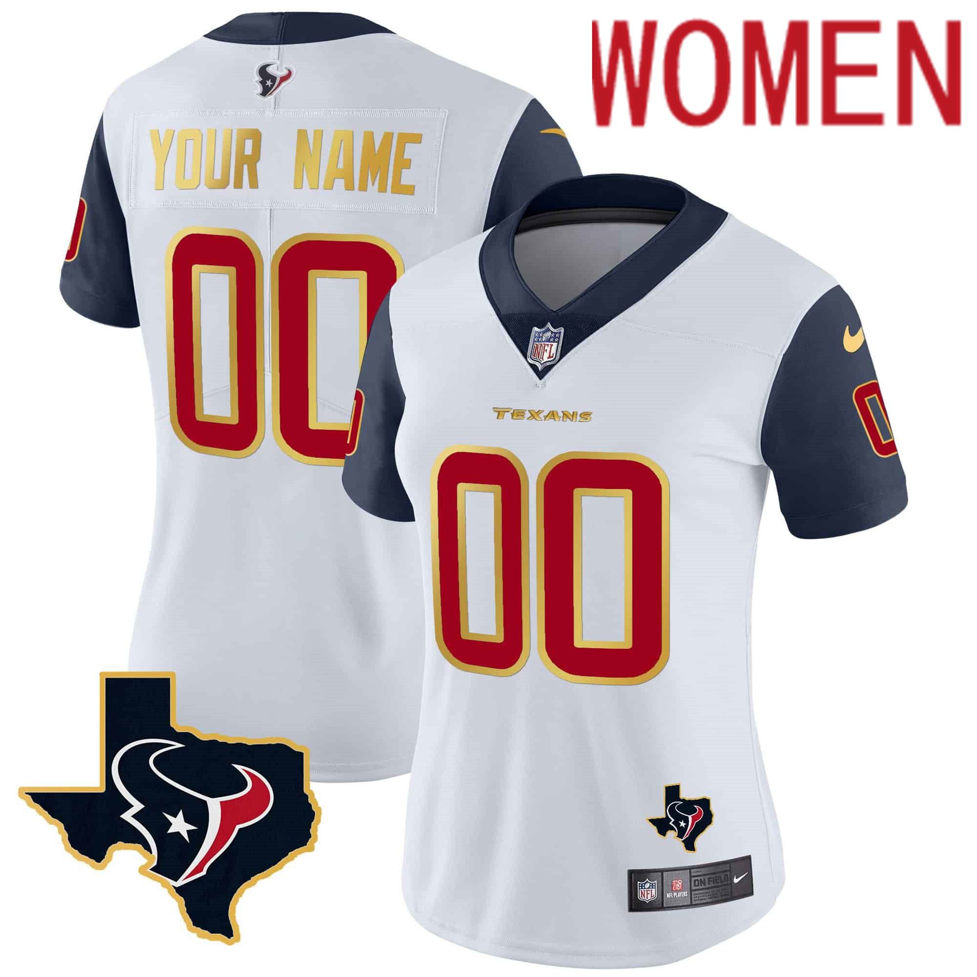 Women Houston Texans White Gold 2024 Nike Trim Vapor Custom NFL Jersey style 1